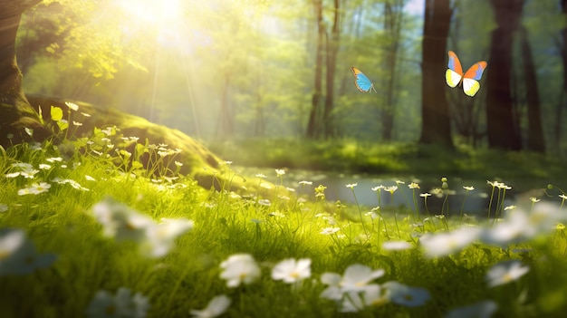 Vibrant Nature Scene Colorful Butterflies Soaring Above Lush Green Grass Blooming Flowers a