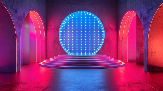 Photo vibrant neon archway and led circle stage