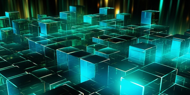 vibrant neon blue and turquoise blocks abstract background illustration generative ai