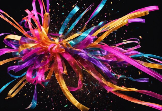 Photo a vibrant neon glitter explosion with levitating ribbons on a black background