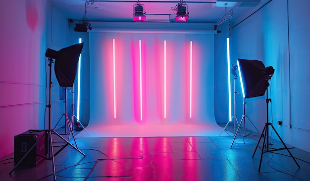 Photo vibrant neon light setup in modern photography studio
