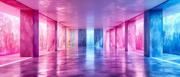 Vibrant Neon Light Tunnel Modern Architecture with Glowing Blue and Pink Futuristic Interior Design Concept