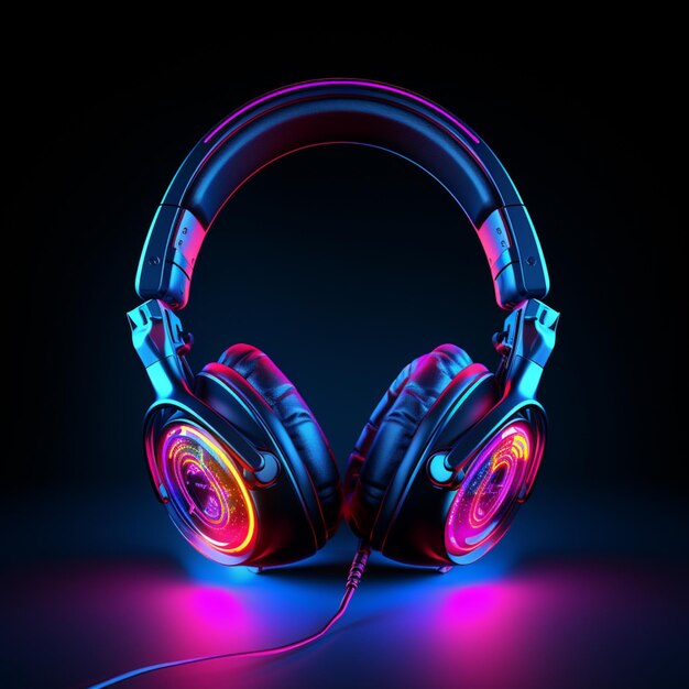 Vibrant neon light wireless headphones pictures black background AI Generated art