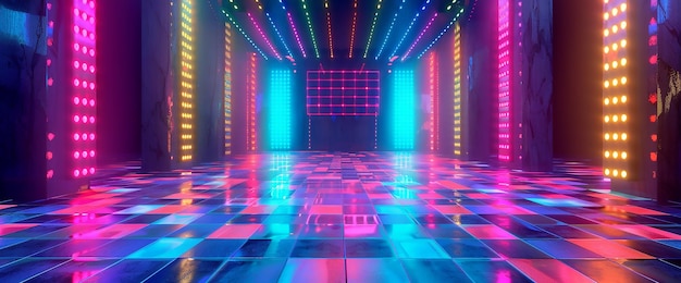 Vibrant neon lights casting colorful patterns on the tiled background creating a mesmerizing visual