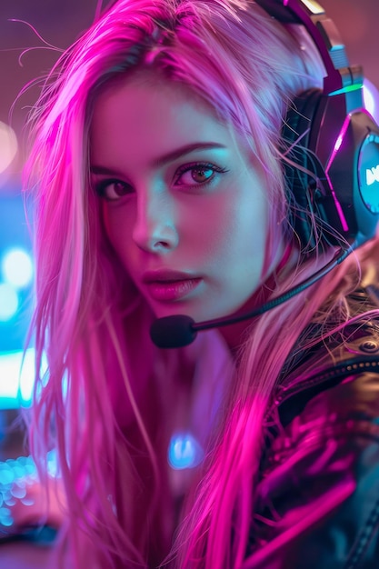 Vibrant Neon Lights Portrait of Young Woman Gamer with Headset in a Futuristic Setting