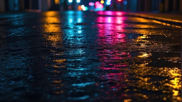 Vibrant neon lights reflecting on wet city street at night