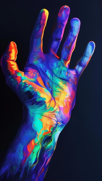 Photo vibrant neon paint on human hand against a dark background