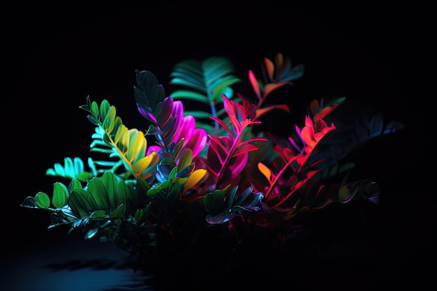 Vibrant neon plant against dark background created with generative ai