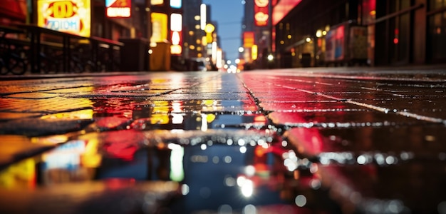 Яркие неоновые вывески, отражающиеся на фоне мокрого тротуара Генеративный ИИ