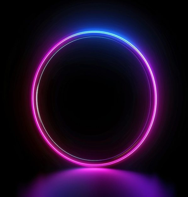 Foto un vibrante tubo al neon forma una forma circolare con tonalità blu e rosa luminose su uno sfondo a gradiente scuro che crea un aspetto futuristico e elegante