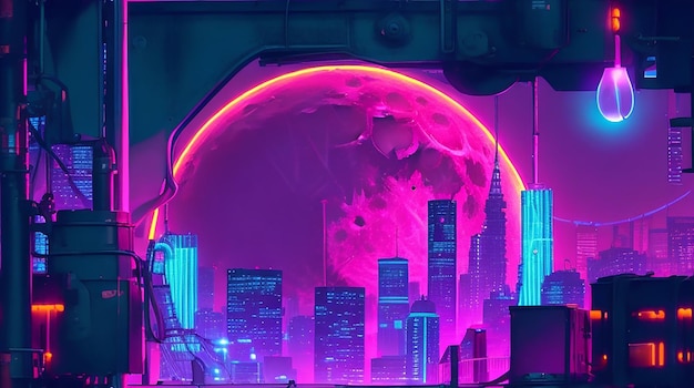 A vibrant neonlit cityscape with a glowing full moon in the background