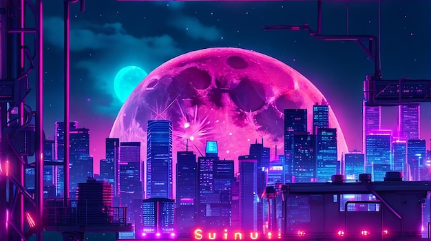 A vibrant neonlit cityscape with a glowing full moon in the background