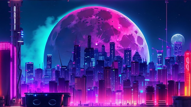 A vibrant neonlit cityscape with a glowing full moon in the background