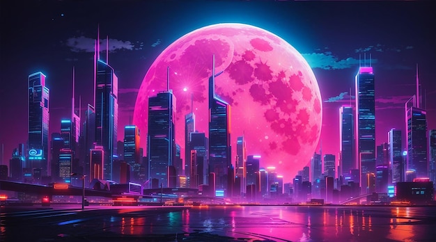 A vibrant neonlit cityscape with a glowing full moon in the background