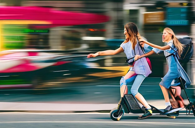 A vibrant neonlit cityscape with two young women riding an electric scooter in the foreground