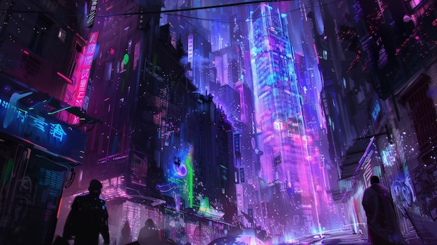 夜の前景には高層ビルと謎のシルエットが描かれている 活発なネオン照明の未来的な都市景色
