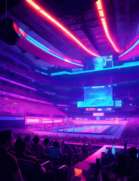 A vibrant neonlit gaming arena with a sea of spectators cheering in anticipationai generative