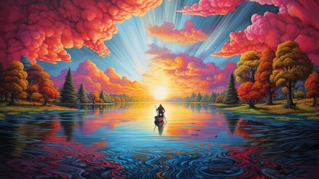 a vibrant neotraditional a painting of a man standing in a boat on a lake