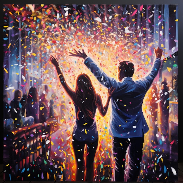Foto vibrante scena di festa di capodanno con festività illuminate da pioggia di confetti led