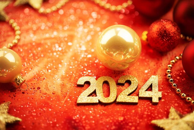 Vibrant New Year's Sparkle Abstract Gouden en Rode Decoraties die de verandering naar 2024 verlichten