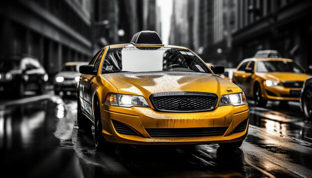 Vibrant new york city street with motion blurred yellow taxi cabs 16k high quality downtown scene