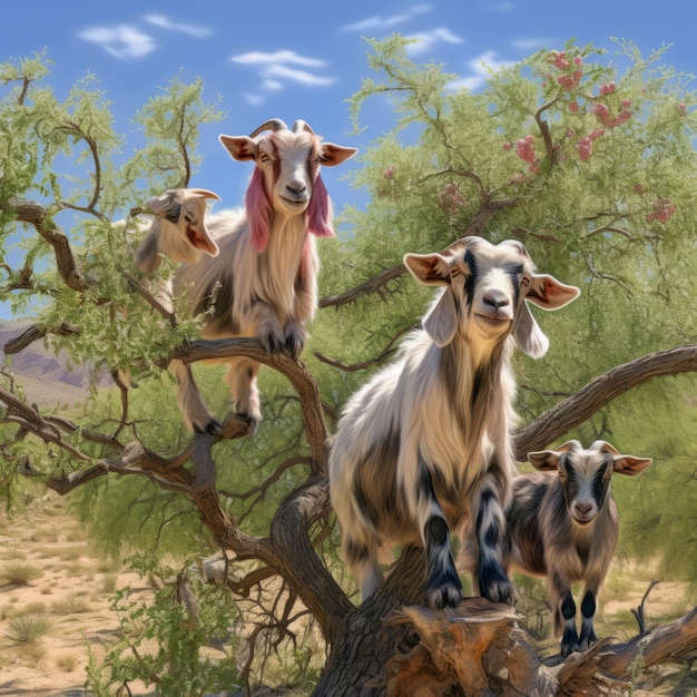 Vibrant Nigerian Pygmy Goats on a Tucson Farm A Color Pencil Masterpiece Capturing Mesquite Tree De