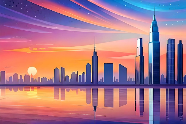 Vibrant Night cityscape with illuminated skyscrapers urban retro illustration background