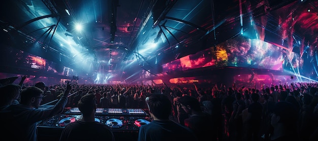 DJ가 무대에서 공연하는 활기찬 나이트클럽 장면 다채로운 불빛이 댄스 플로어를 비추고 인공지능으로 생성되었습니다.