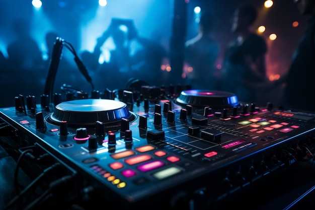 Vibrant nightlife DJ mixer table takes center stage in the nightclub backdrop