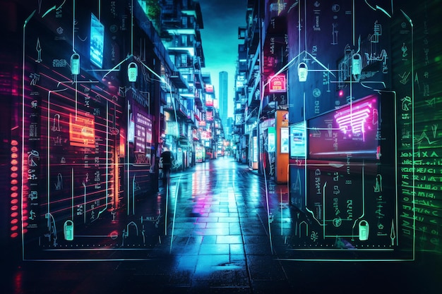 Живая ночная жизнь на улице Неонового города захватывающее изображение, сгенерированное ИИ