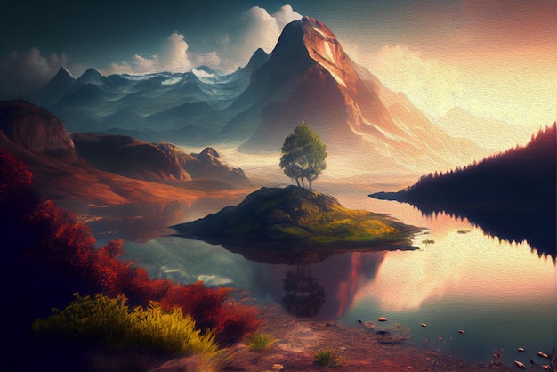 A vibrant oil painting of a landscape featuring forests and mountains Generative AI