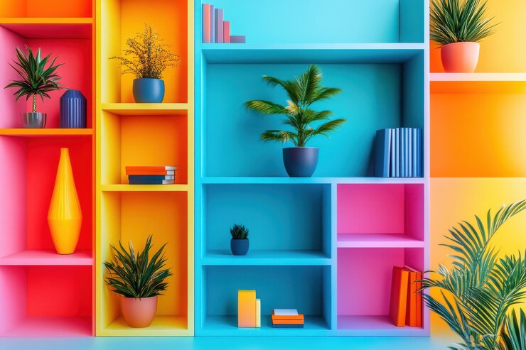 Vibrant Open Concept Shelving in a Neutral Room Suitable for Modern Interiors
