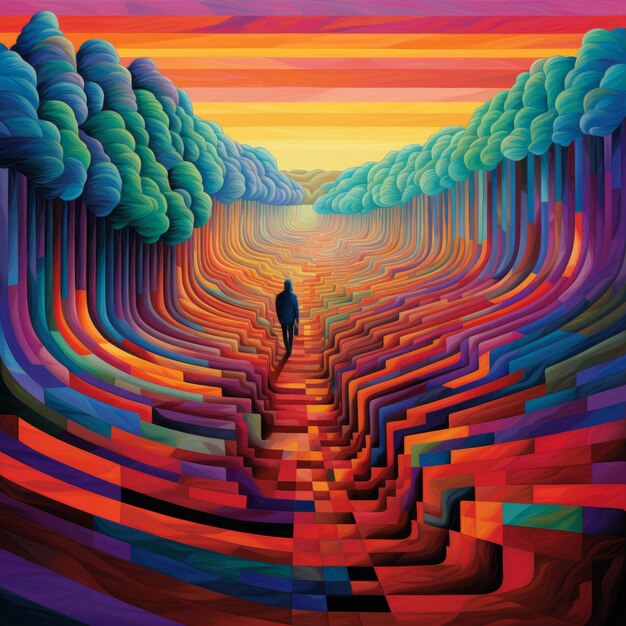 Photo vibrant optical art painting man walking on colorful pathway