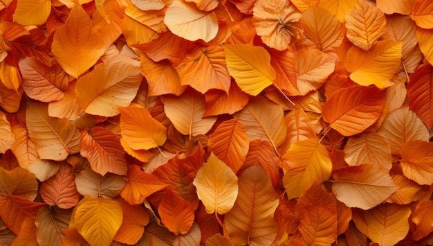 Vibrant orange autumn leaves texture background Fallen foliage pattern of colorful deciduous tree leaves