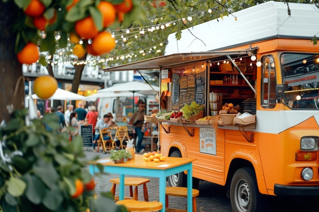 Ярко оранжевый грузовик с едой, припаркованный вдоль загруженной дороги, подающий вкусную еду клиентам Грузовик с пищей на рынке фермеров, созданный ИИ