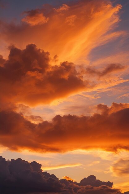 夕暮れ の 空 の 雲 に 鮮やかな オレンジ の 色 が 照らさ れ て い ます