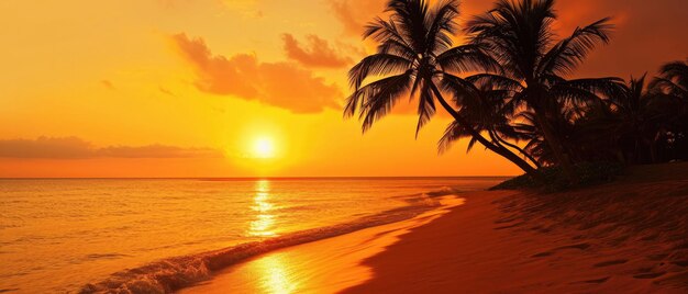 Photo a vibrant orange sunset illuminates palm trees on a tropical beach