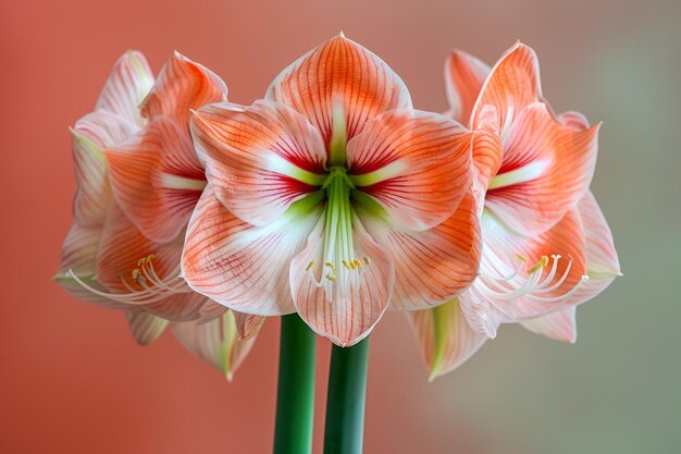 Foto fiori vivaci di amaryllis arancione e bianco in piena fioritura su uno sfondo morbido