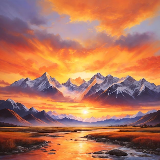 Яркий оранжевый и желтый закат рисует небо с величественными горами.