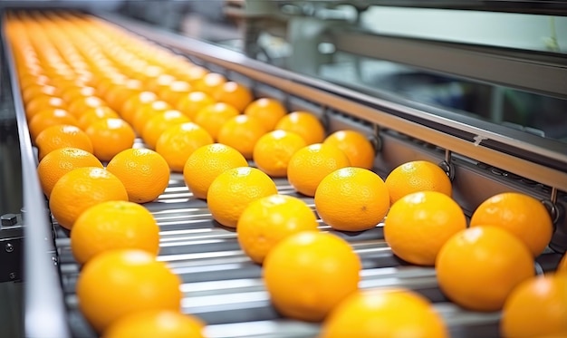 Яркие апельсины на конвейере на заводе. Эффективная обработка свежих апельсинов на современном производственном предприятии. Создано с помощью генеративных инструментов искусственного интеллекта.