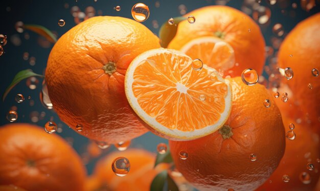 Vibrant oranges float in clear water illuminated by sunlight Glistening droplets adorn the fruit set against a sleek black backdrop Created with generative AI tools