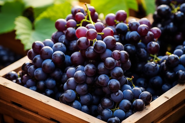 Vibrant organic grapes in autumn tray market agriculture farm background top view