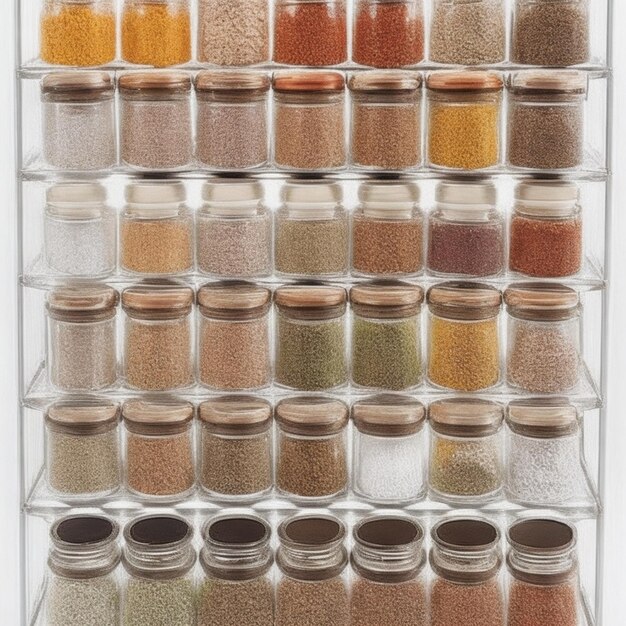 Foto un vivace e organizzato scaffale di spezie con varie spezie ordinatamente disposte in vasi trasparenti