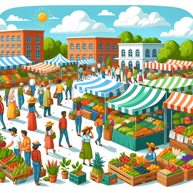 Foto illustrazione vettoriale del vibrante mercato degli agricoltori all'aperto