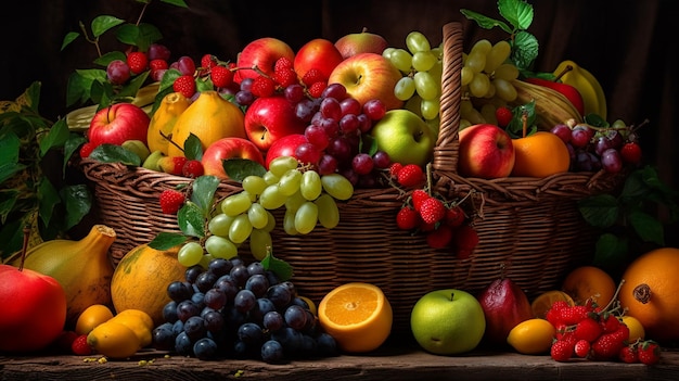 Живая корзина с разнообразными фруктами