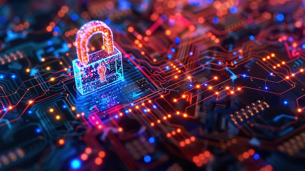 A vibrant padlock icon illuminates a circuit board