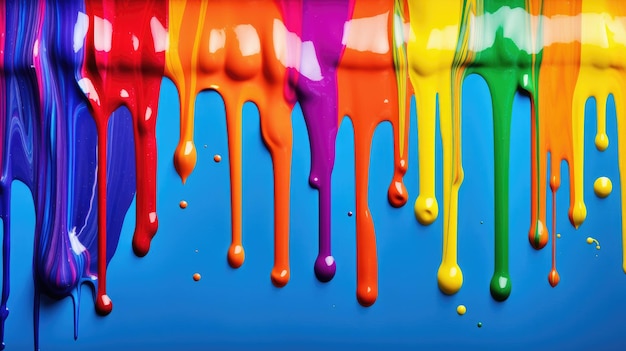 Vibrant paint dripping on a blue background