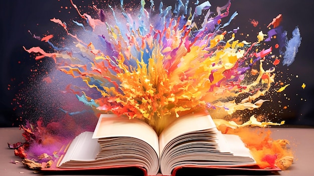 Vibrant Paint Explosion from Open Book Enhanced by Generative AI