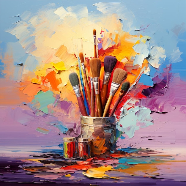 Vibrant painter's palette with explosion of colors and unique brushes