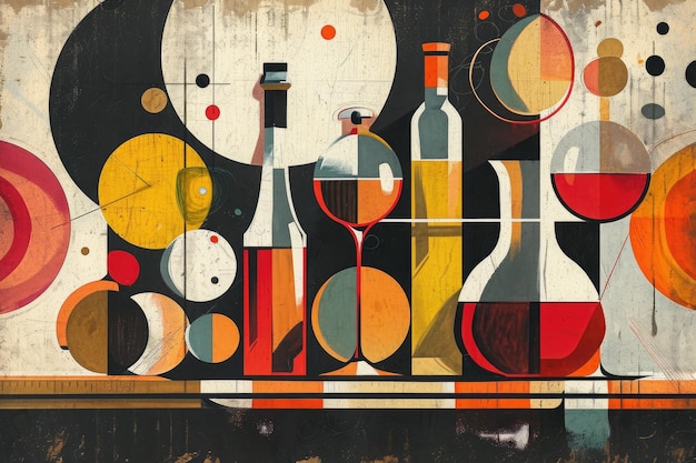 A vibrant painting of assorted bottles and glasses arranged on a table capturing the essence of a festive gathering A midcentury modern depiction of a liquid assets AI Generated